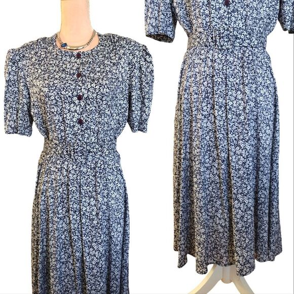 VTG 80s USA Blue White Floral Belted Secretary Midi Dress Size 10/ Medium - Picture 6 of 16